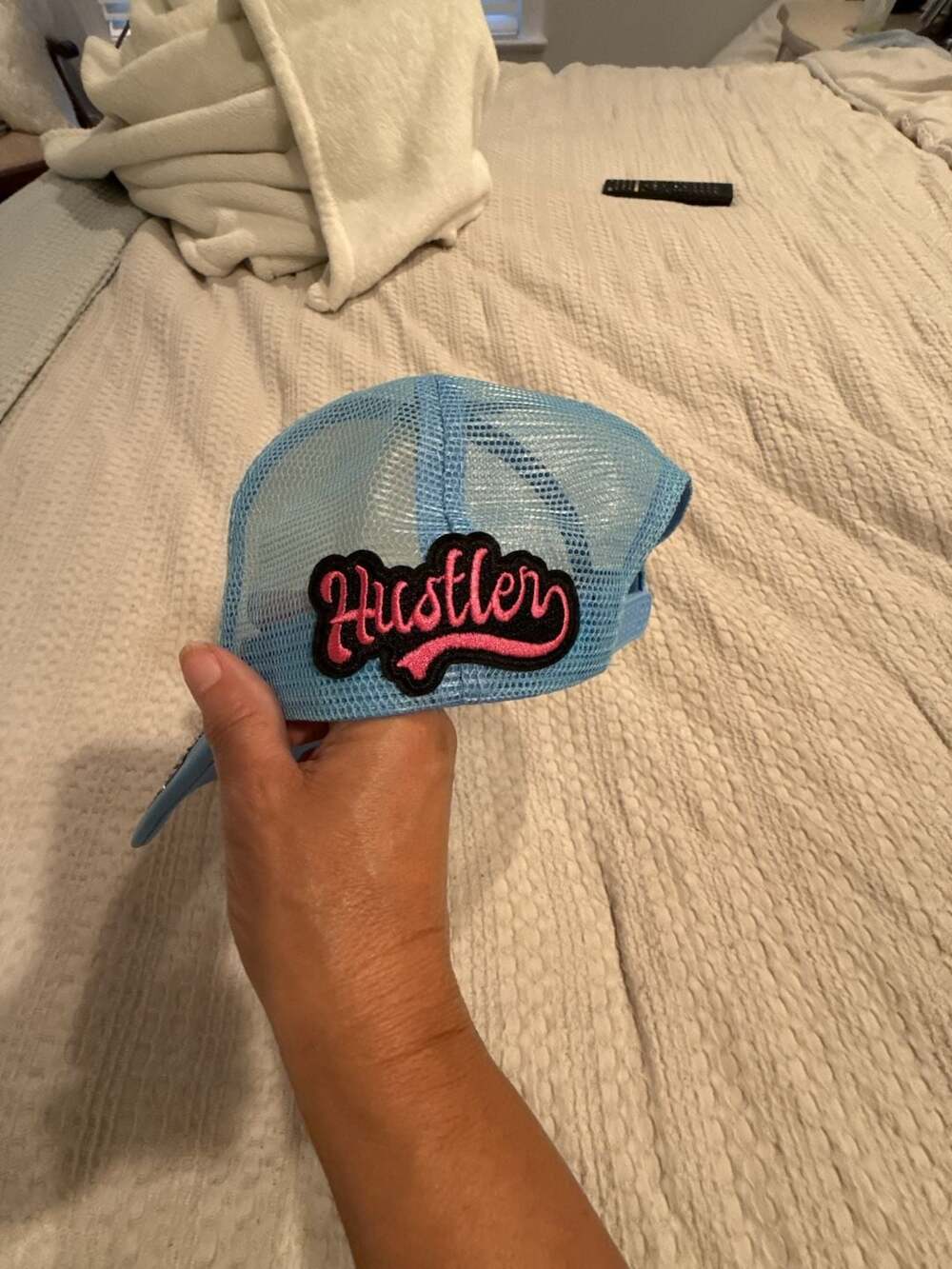 Somebody's Problem Blue Trucker Hat with Rhinestone Stars and Hustler Patch - Picture 4 of 5